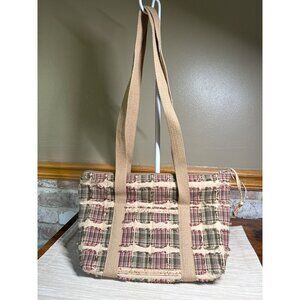 Plaid Patchwork Tote Bag With Tan Straps & Side Pocket